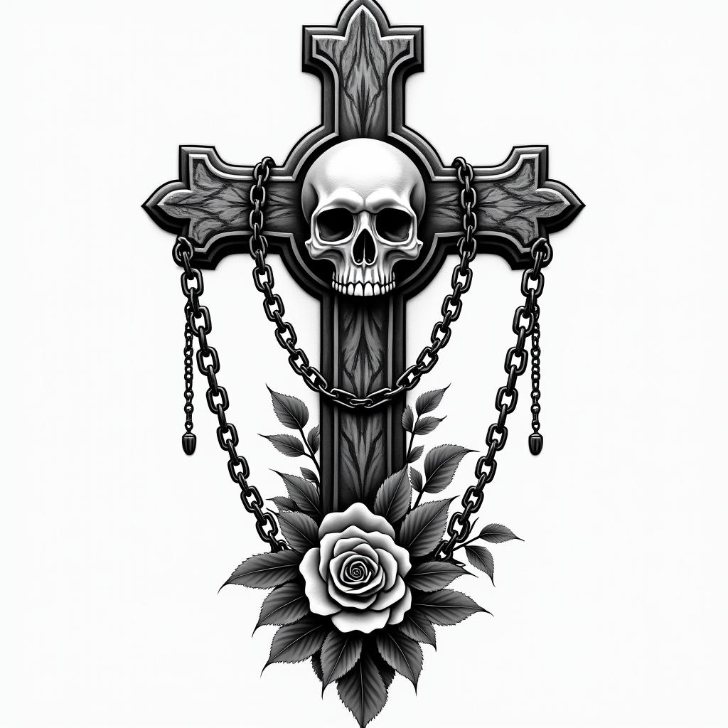 Alaskan Nativein chicano style tattoo, featuring intricate black and grey shading, bold elements of traditional chicano culture symbols, add a big cross with skull, chains and roses - Variation 3