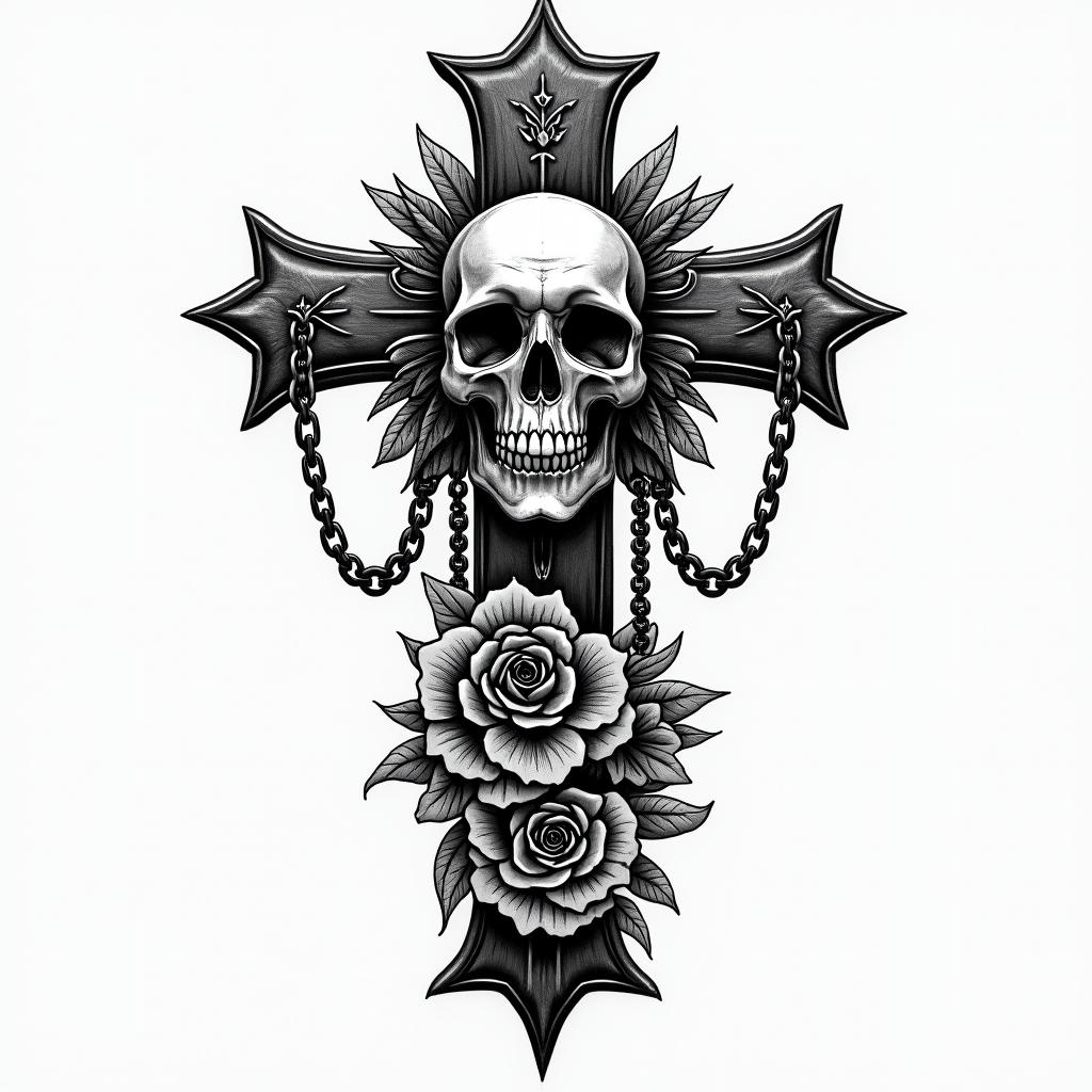 Alaskan Nativein chicano style tattoo, featuring intricate black and grey shading, bold elements of traditional chicano culture symbols, add a big cross with skull, chains and roses - Variation 4