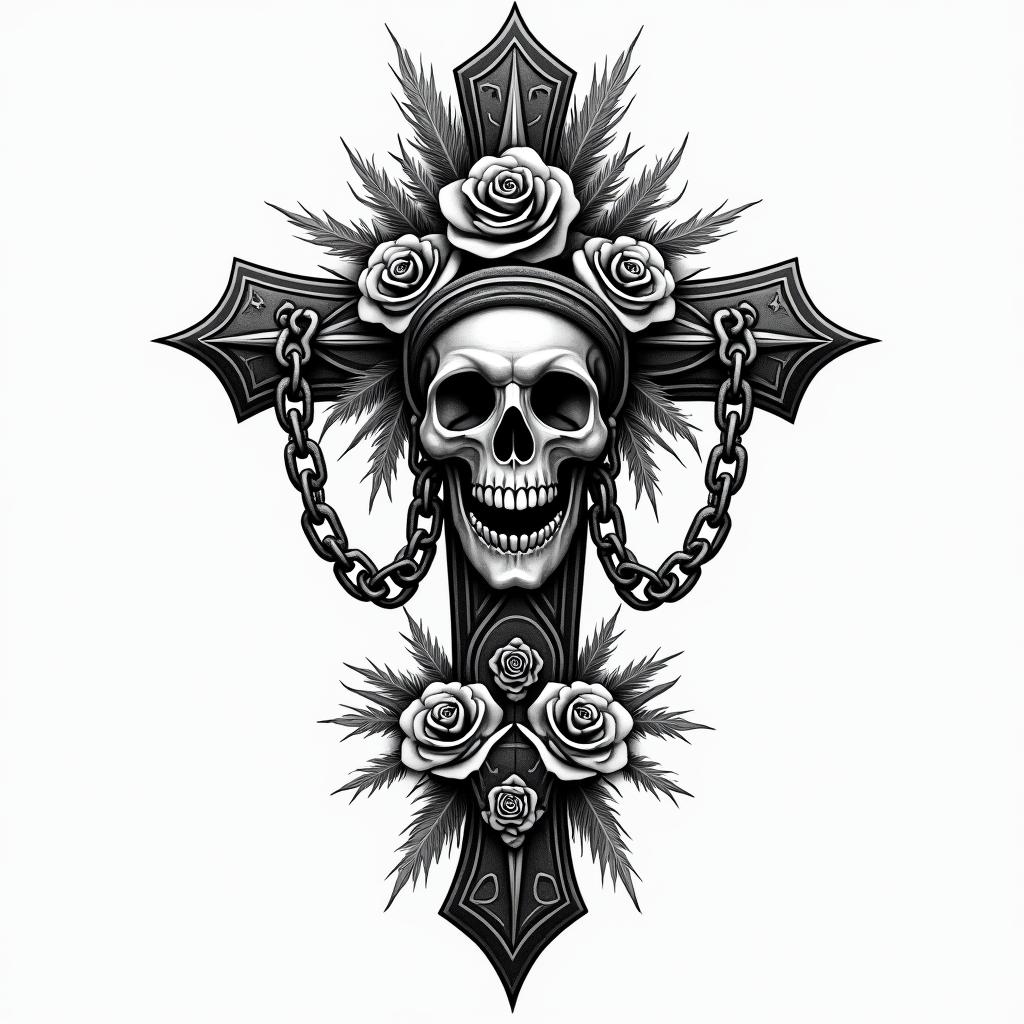 Alaskan Nativein chicano style tattoo, featuring intricate black and grey shading, bold elements of traditional chicano culture symbols, add a big cross with skull, chains and roses