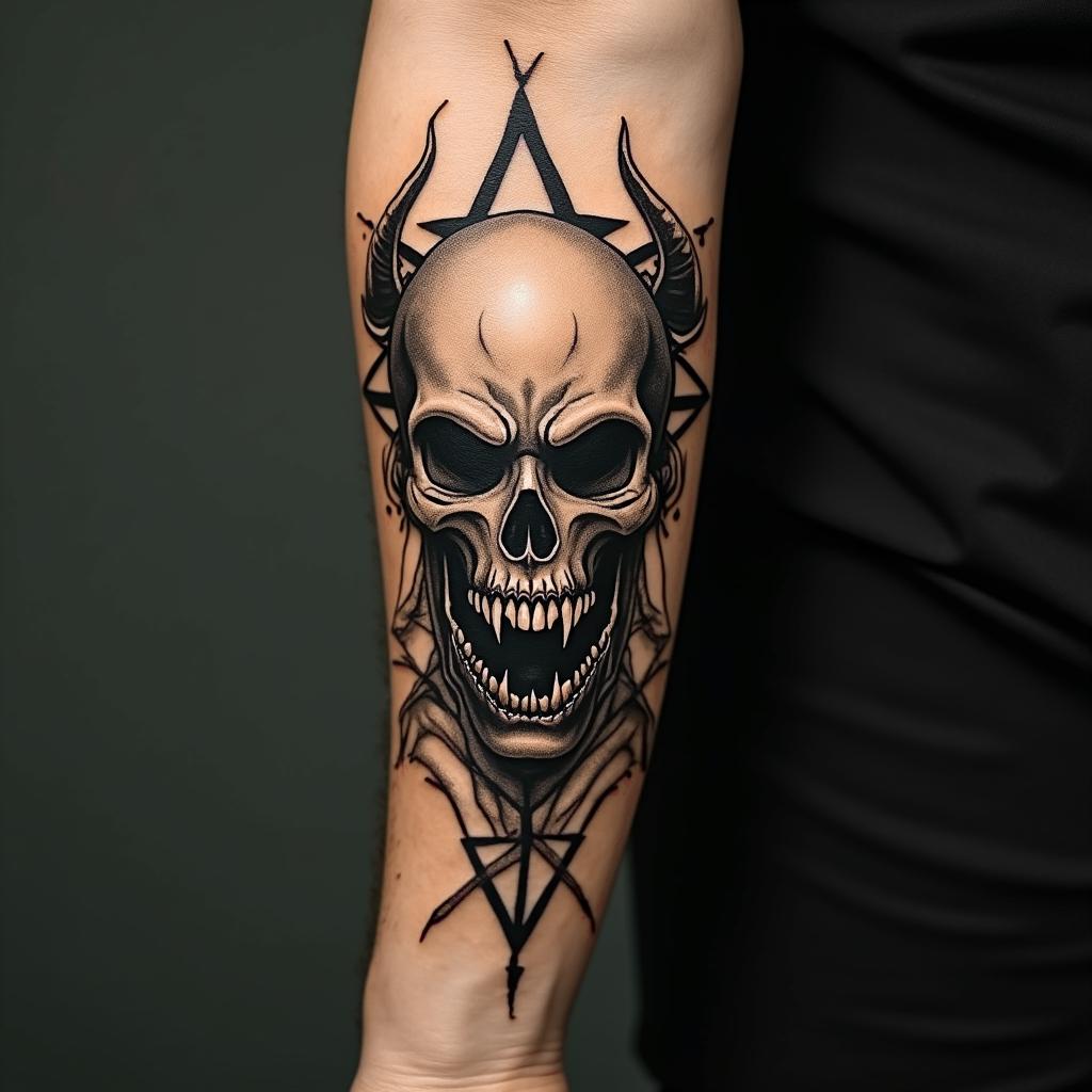 Timoncreepy horror tattoo style, featuring an eerie and unsettling skull of a demonic creature, distorted face with sharp fangs, add pentagram symbol - Variation 2