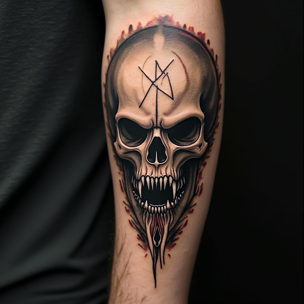 Timoncreepy horror tattoo style, featuring an eerie and unsettling skull of a demonic creature, distorted face with sharp fangs, add pentagram symbol - Variation 3