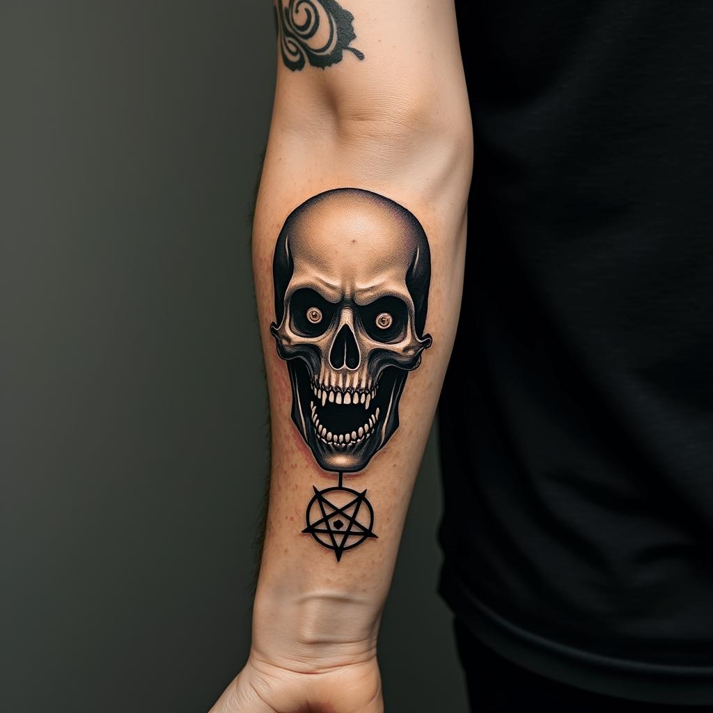 Timoncreepy horror tattoo style, featuring an eerie and unsettling skull of a demonic creature, distorted face with sharp fangs, add pentagram symbol - Variation 4