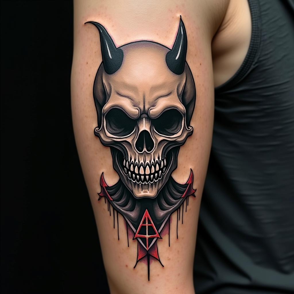 Timoncreepy horror tattoo style, featuring an eerie and unsettling skull of a demonic creature, distorted face with sharp fangs, add pentagram symbol