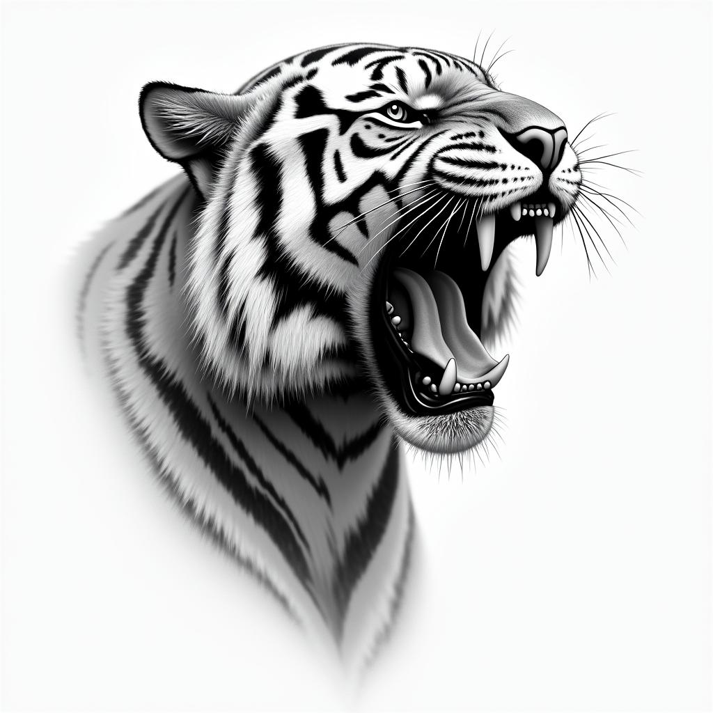 A roaring tiger in a realism style, representing strength, determination, and overcoming challenges. The tiger should be drawn in black and white, without colors, with many details to capture the essence of the animal. Incorporate a subtle symbol of victory and resilience in the composition, reflecting the client's personal journey.higly detailed tattoo - Variation 8