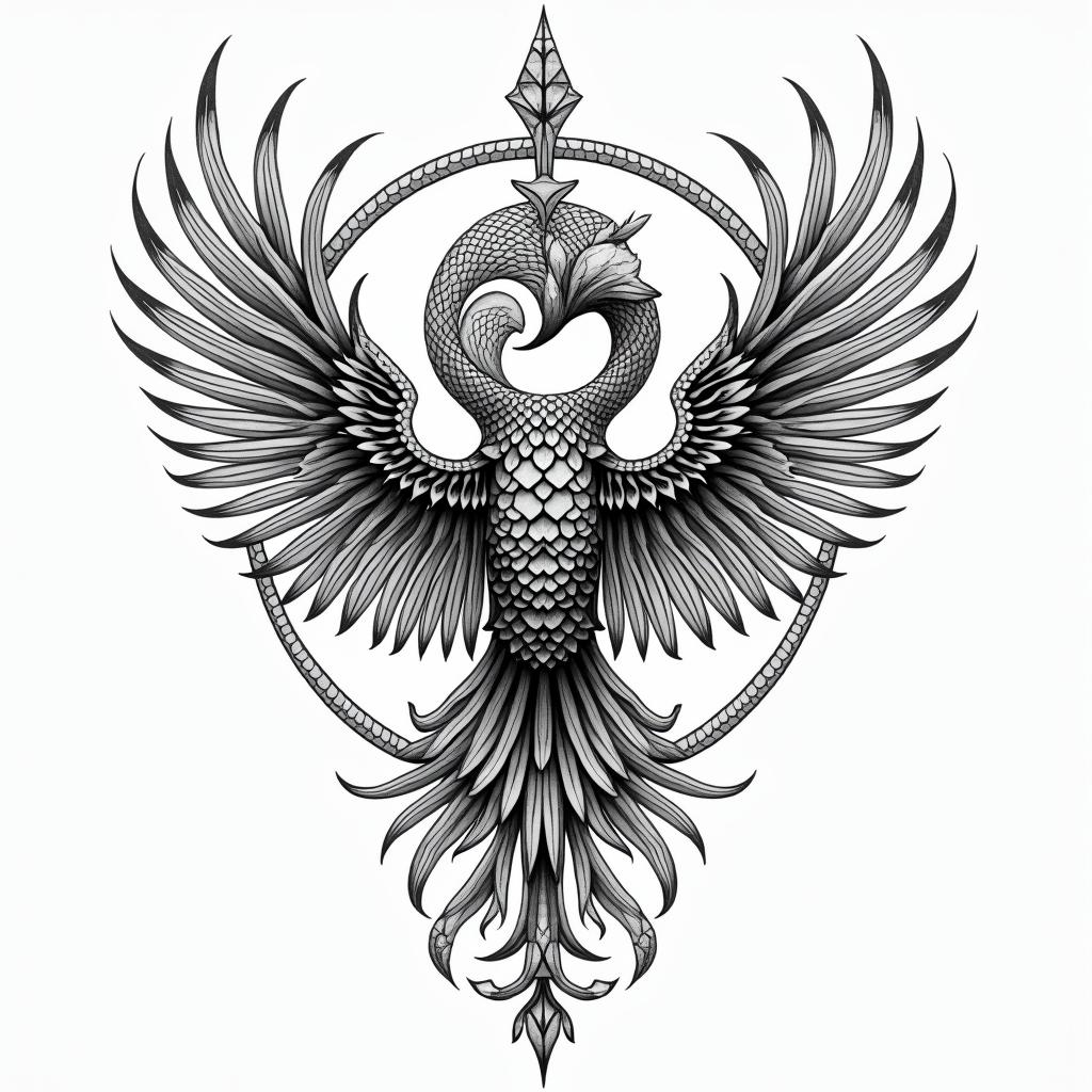 A feminine scorpio and phoenix bird as yin-yang symbol in geometric style tattoo, blending hexagons, mandala-inspired patterns, symmetrical and fractal design, clean lines, sharp angles - Variation 4