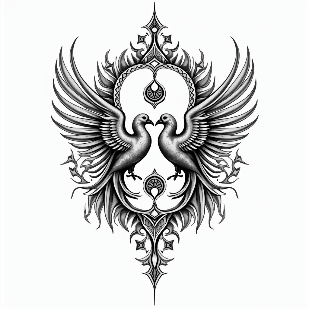 A feminine scorpio and phoenix bird as yin-yang symbol in geometric style tattoo, blending hexagons, mandala-inspired patterns, symmetrical and fractal design, clean lines, sharp angles - Variation 2