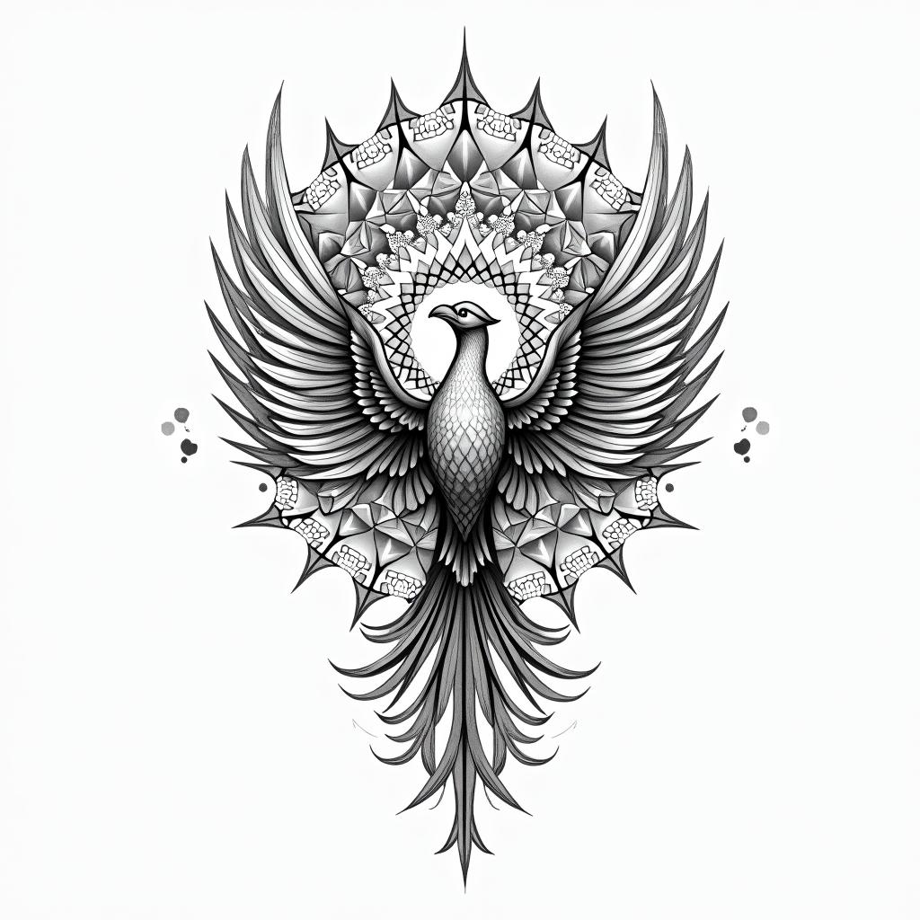 A feminine scorpio and phoenix bird as yin-yang symbol in geometric style tattoo, blending hexagons, mandala-inspired patterns, symmetrical and fractal design, clean lines, sharp angles - Variation 3
