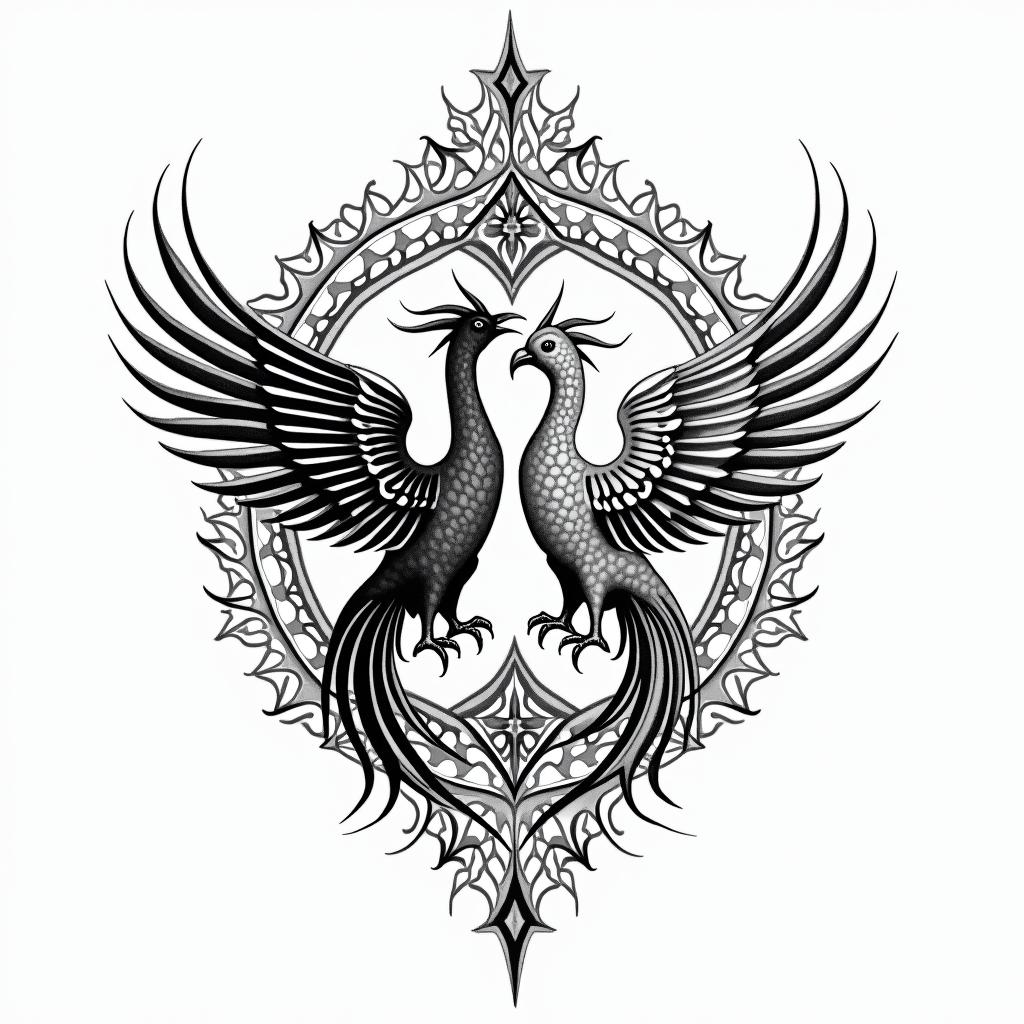 A feminine scorpio and phoenix bird as yin-yang symbol in geometric style tattoo, blending hexagons, mandala-inspired patterns, symmetrical and fractal design, clean lines, sharp angles