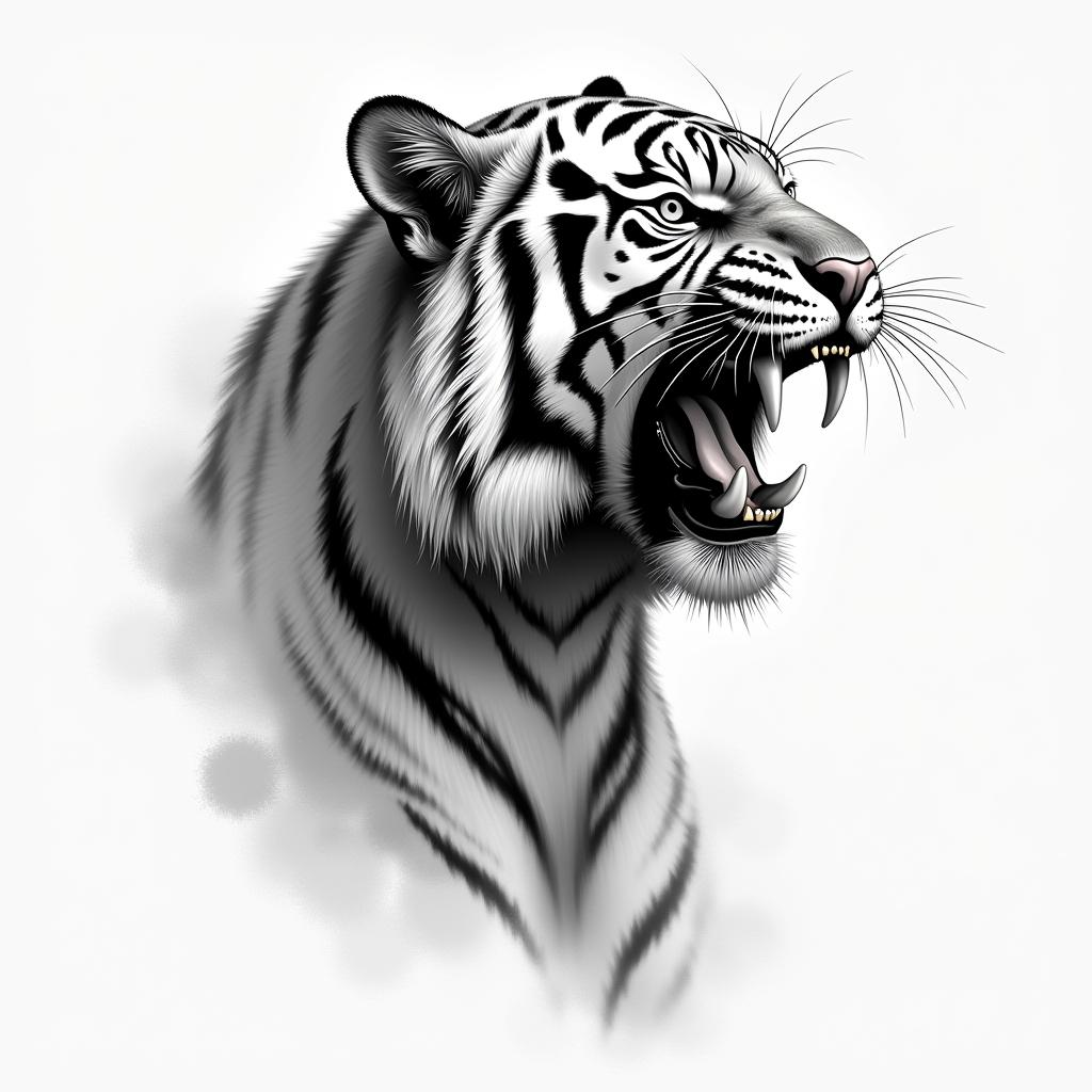 A roaring tiger in a realism style, representing strength, determination, and overcoming challenges. The tiger should be drawn in black and white, without colors, with many details to capture the essence of the animal. Incorporate a subtle symbol of victory and resilience in the composition, reflecting the client's personal journey.higly detailed tattoo - Variation 2