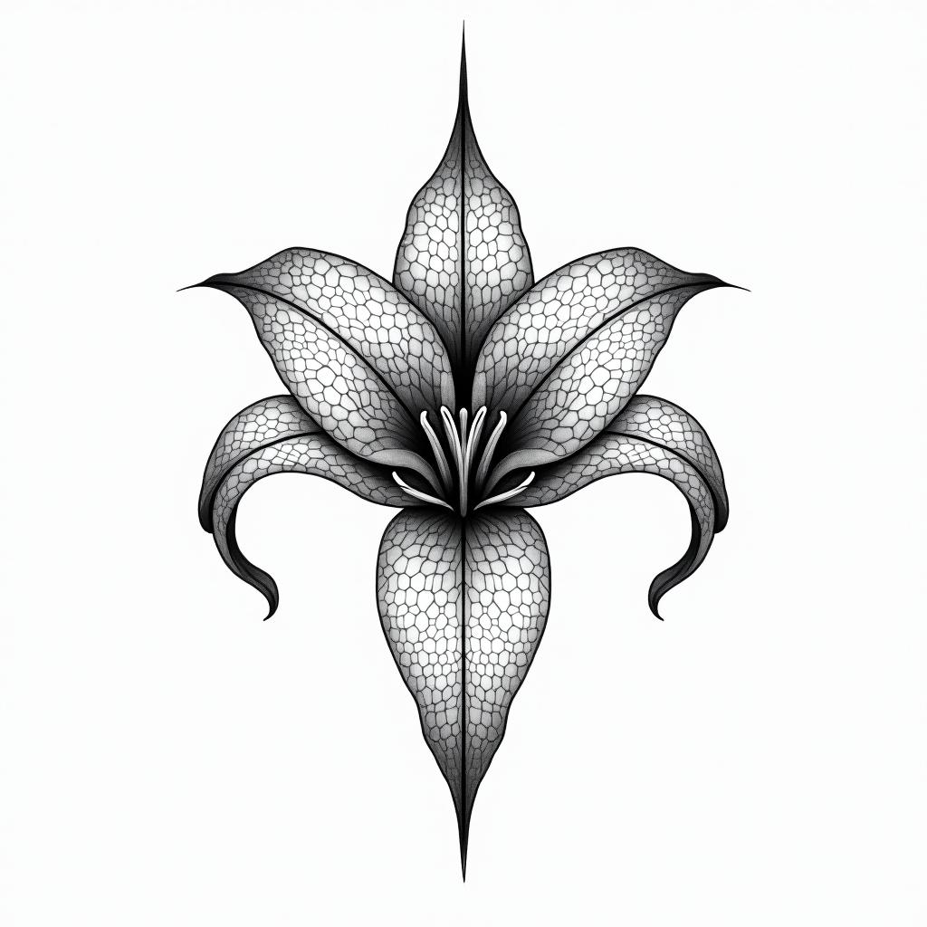Combine lily flower with hare  in geometric style tattoo, blending hexagons, mandala-inspired patterns, symmetrical and fractal design, clean lines, sharp angles