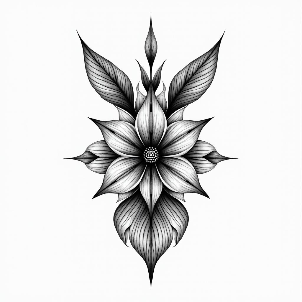 Combine lily flower with hare in geometric style tattoo, blending hexagons, mandala-inspired patterns, symmetrical and fractal design, clean lines, sharp angles - Variation 2