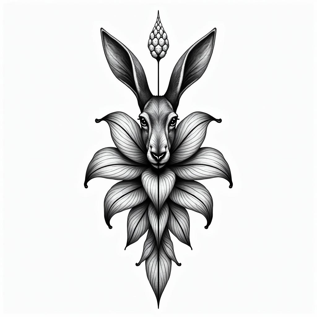 Combine lily flower with hare in geometric style tattoo, blending hexagons, mandala-inspired patterns, symmetrical and fractal design, clean lines, sharp angles - Variation 3
