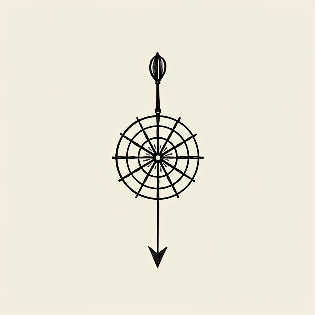A minimalist tattoo of a dart arrow, aiming towards a stylized dartboard, with a clean and bold design.undefined