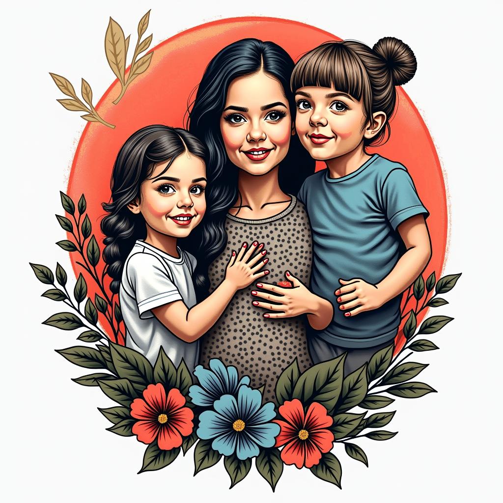 Pharmaceutical professional, 3 children, love animals and nature.in pop art style tattoo, featuring bold and vibrant colors, exaggerated outlines, iconic imagery, inspired by comic books and speech bubbles, comic book characters, retro pop culture - Variation 4
