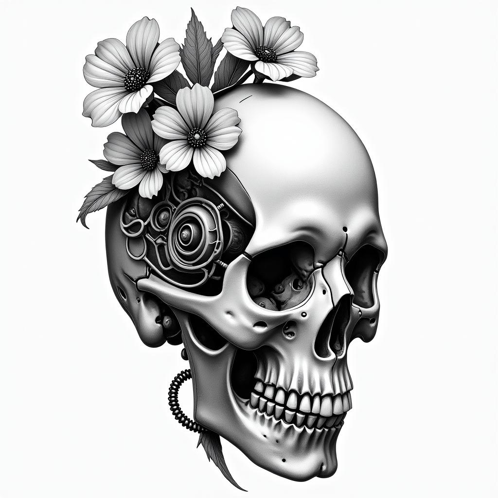 Depression, skull, flowers coming out top of skulltattoo in biomechanic style, the tattoo covered by robotic elements of futuristic cyberpunk design, robotic features detail, showcasing intricate mechanical components - Variation 4