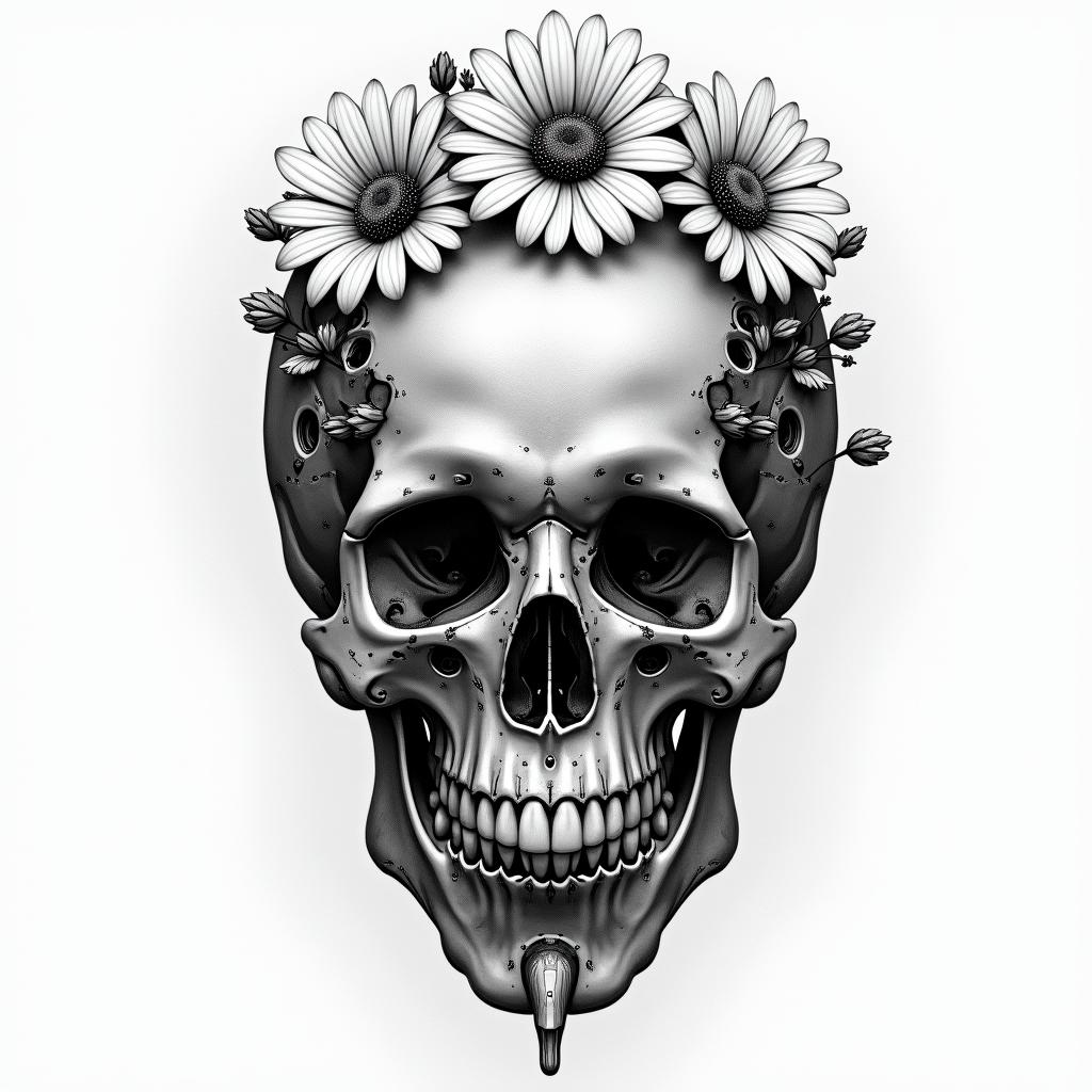 Depression, skull, flowers coming out top of skulltattoo in biomechanic style, the tattoo covered by robotic elements of futuristic cyberpunk design, robotic features detail, showcasing intricate mechanical components - Variation 2