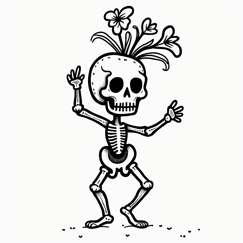 Depression, skull, flowers coming out top of skullabstract dancing figures in Keith Haring style, featuring bold black outlines and solid color fills, figures posed in dynamic and playful dance movements, minimalist design