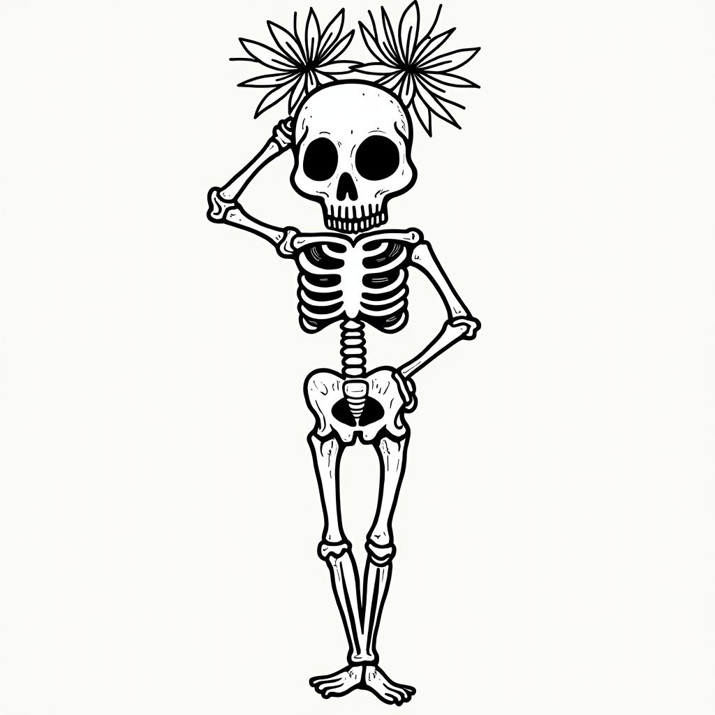 Depression, skull, flowers coming out top of skullabstract dancing figures in Keith Haring style, featuring bold black outlines and solid color fills, figures posed in dynamic and playful dance movements, minimalist design - Variation 3