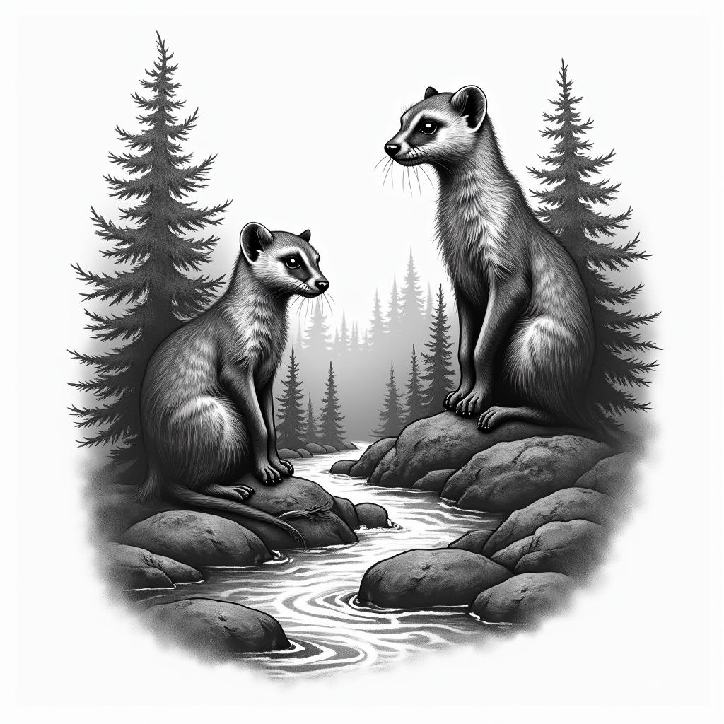 Forest and stream, meerkats labeled with the inscription "Timon."in bohemian style tattoo, 8k