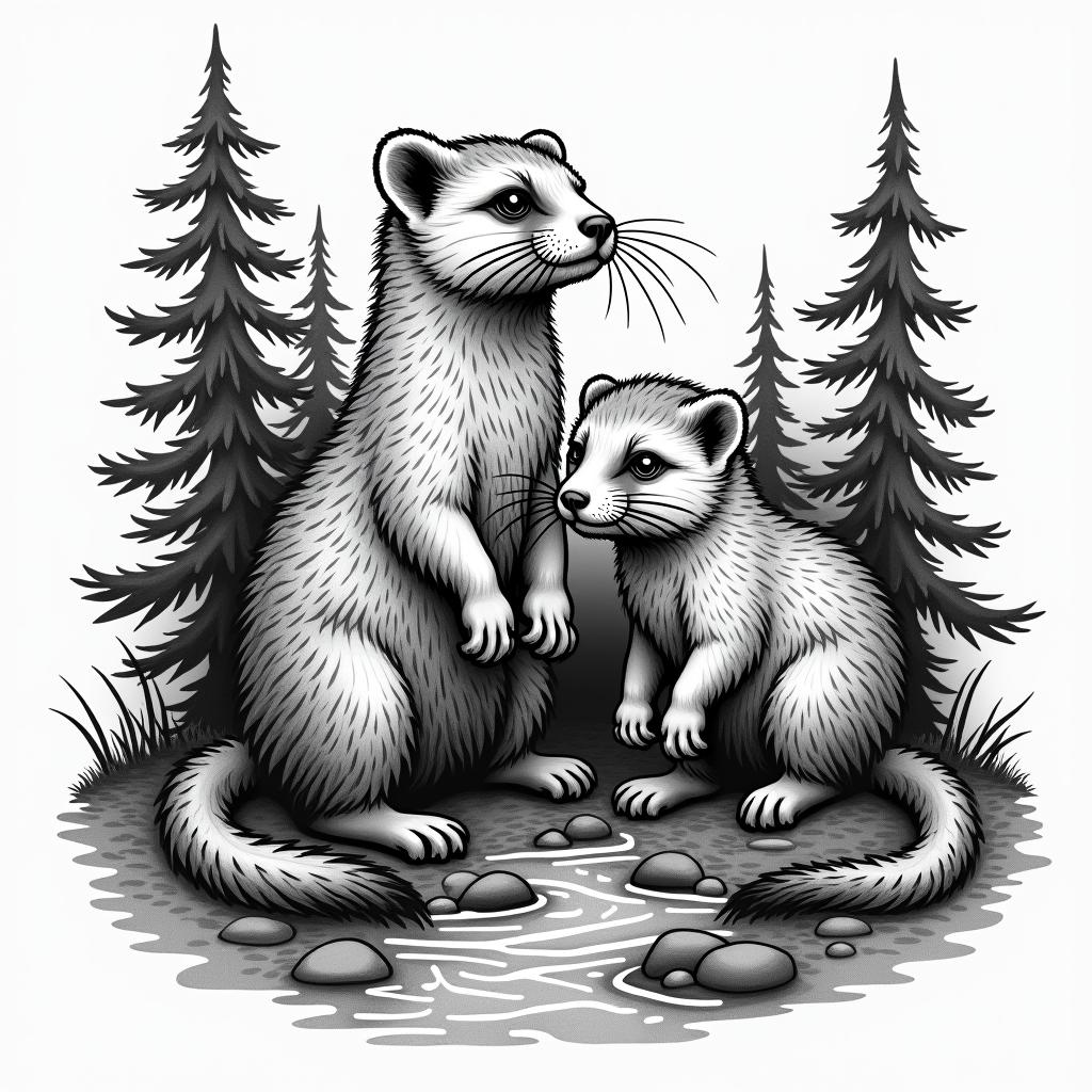 Forest and stream, meerkats labeled with the inscription "Timon."in bohemian style tattoo, 8k - Variation 4