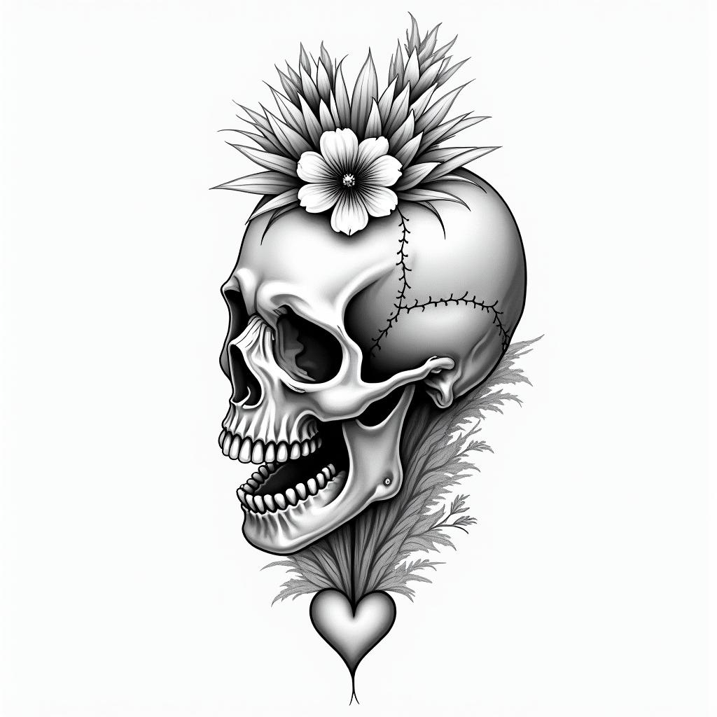 Depression, skull, flowers coming out top of skullin Modest style tattoo, featuring soft, delicate line work with simple and meaningful symbols, gentle waves, a heart, evoking a sense of serenity and grace, - Variation 3