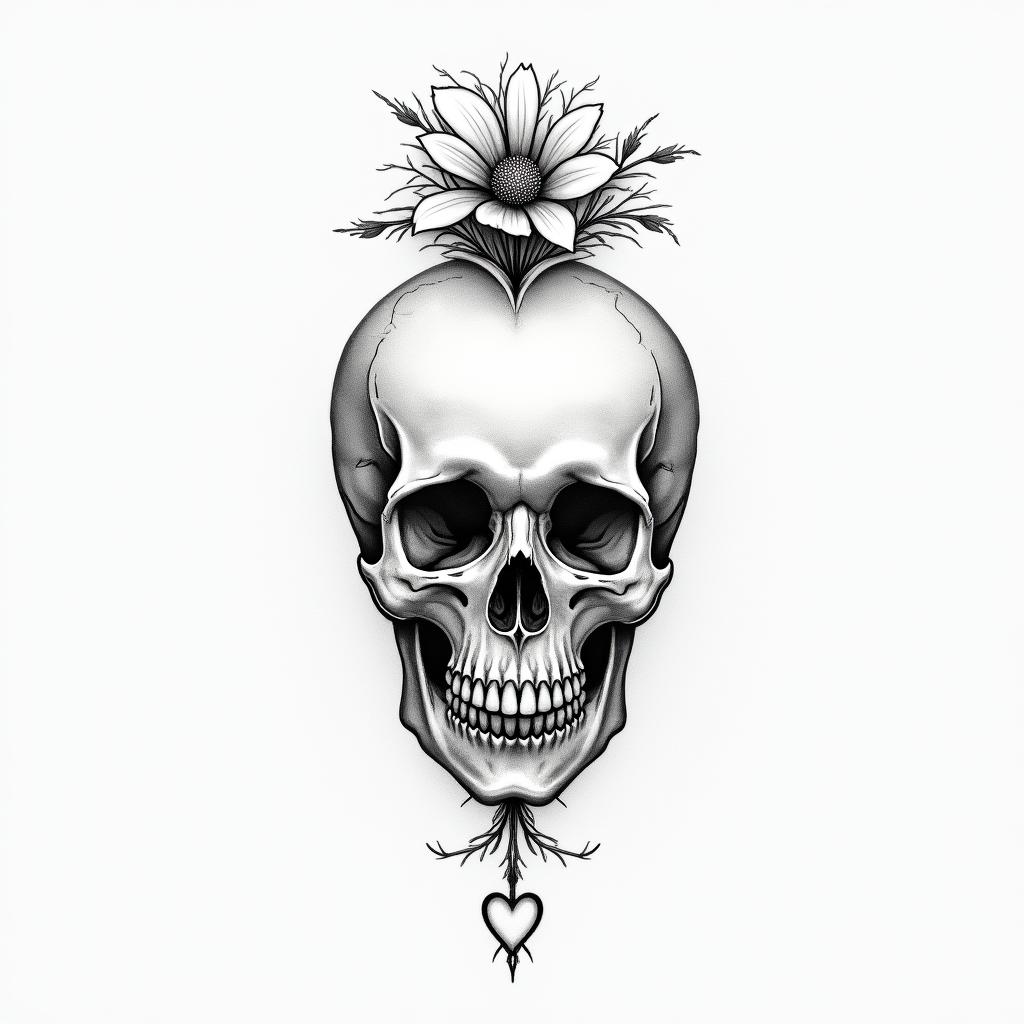 Depression, skull, flowers coming out top of skullin Modest style tattoo, featuring soft, delicate line work with simple and meaningful symbols, gentle waves, a heart, evoking a sense of serenity and grace, - Variation 2