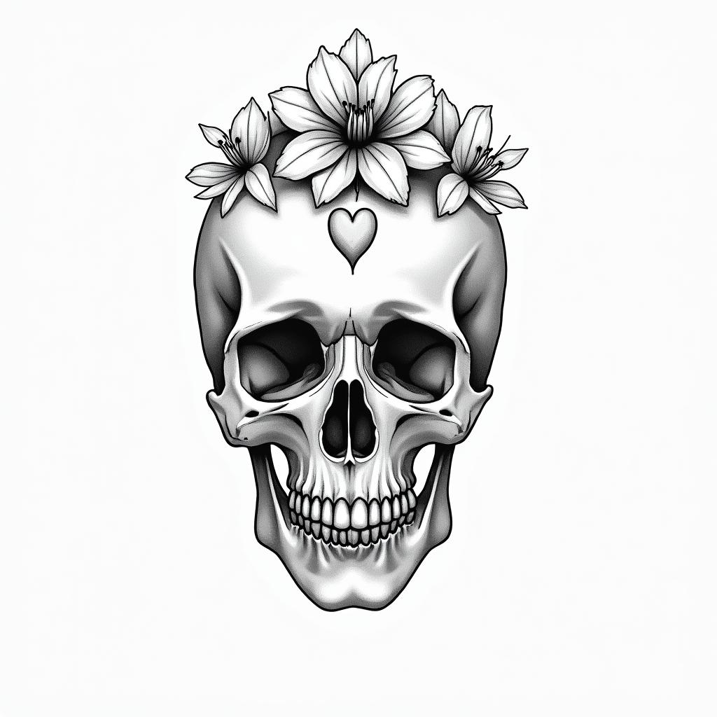 Depression, skull, flowers coming out top of skullin Modest style tattoo, featuring soft, delicate line work with simple and meaningful symbols, gentle waves, a heart, evoking a sense of serenity and grace,