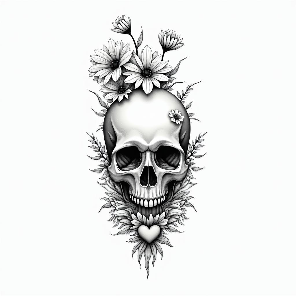 Depression, skull, flowers coming out top of skullin Modest style tattoo, featuring soft, delicate line work with simple and meaningful symbols, gentle waves, a heart, evoking a sense of serenity and grace, - Variation 4