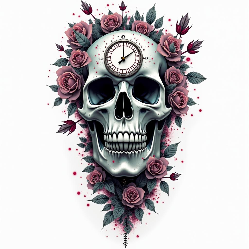 Skull with roses and clock elementsin distorted and fragmented tattoo design, featuring a classical statue bust, in a glitch art style with vibrant, overlapping colors of cyan, magenta, and yellow, creating a digital distortion effect - Variation 5