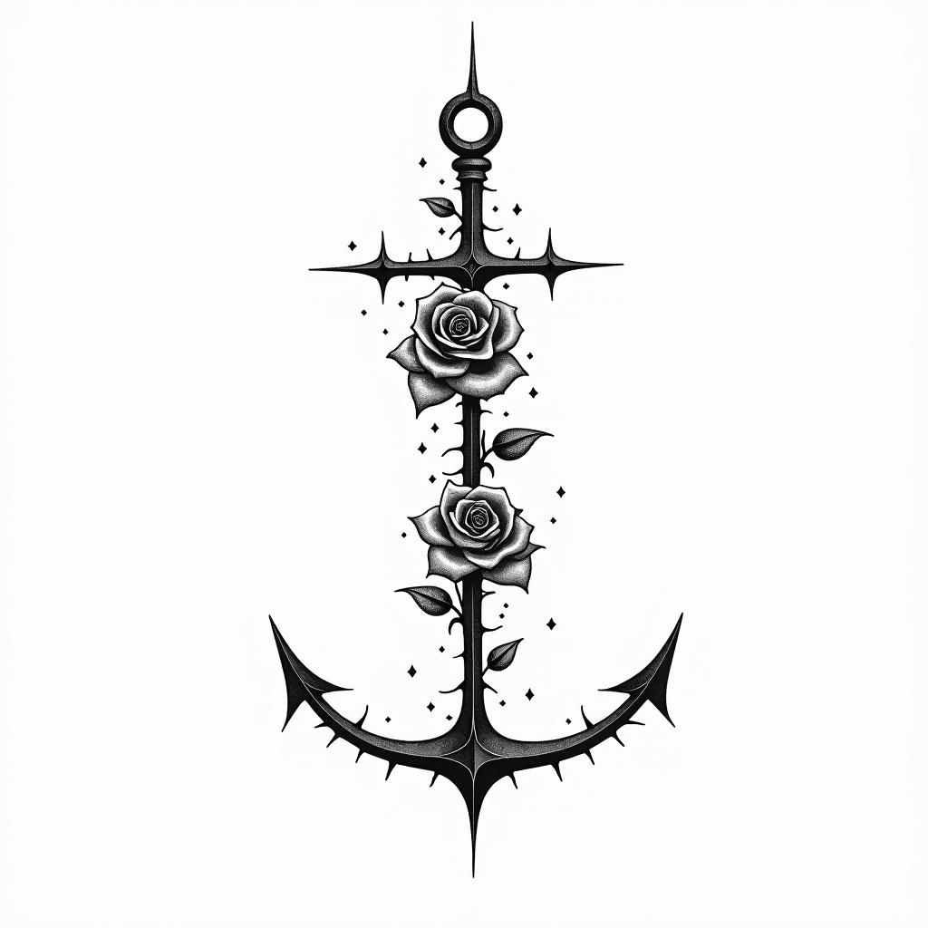 Intertwined anchor of roses and thornsin minimalist style tattoo, featuring simple shapes and fine lines, with minimal shading and details, tiny triangles, creating a sense of balance and harmony - Variation 3