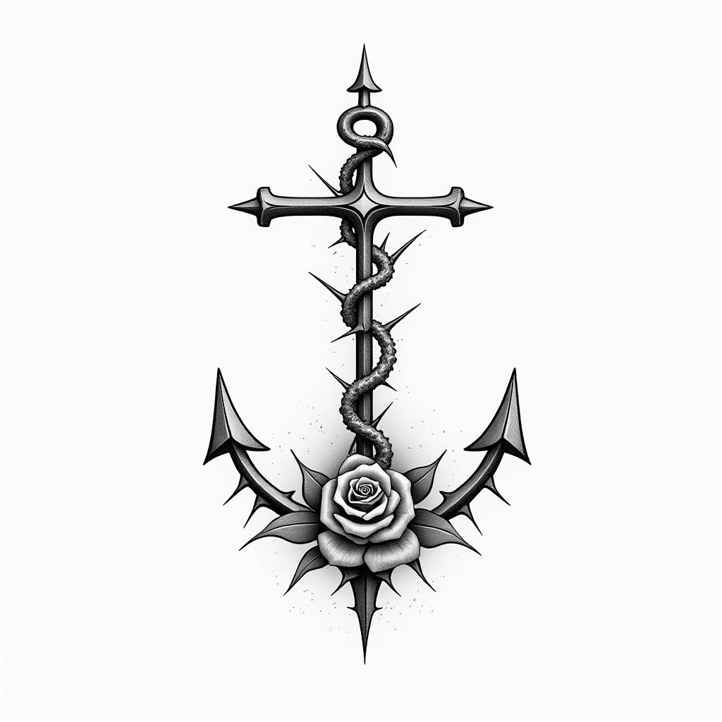 Intertwined anchor of roses and thornsin minimalist style tattoo, featuring simple shapes and fine lines, with minimal shading and details, tiny triangles, creating a sense of balance and harmony - Variation 4