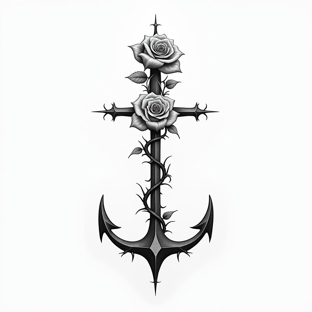 Intertwined anchor of roses and thornsin minimalist style tattoo, featuring simple shapes and fine lines, with minimal shading and details, tiny triangles, creating a sense of balance and harmony