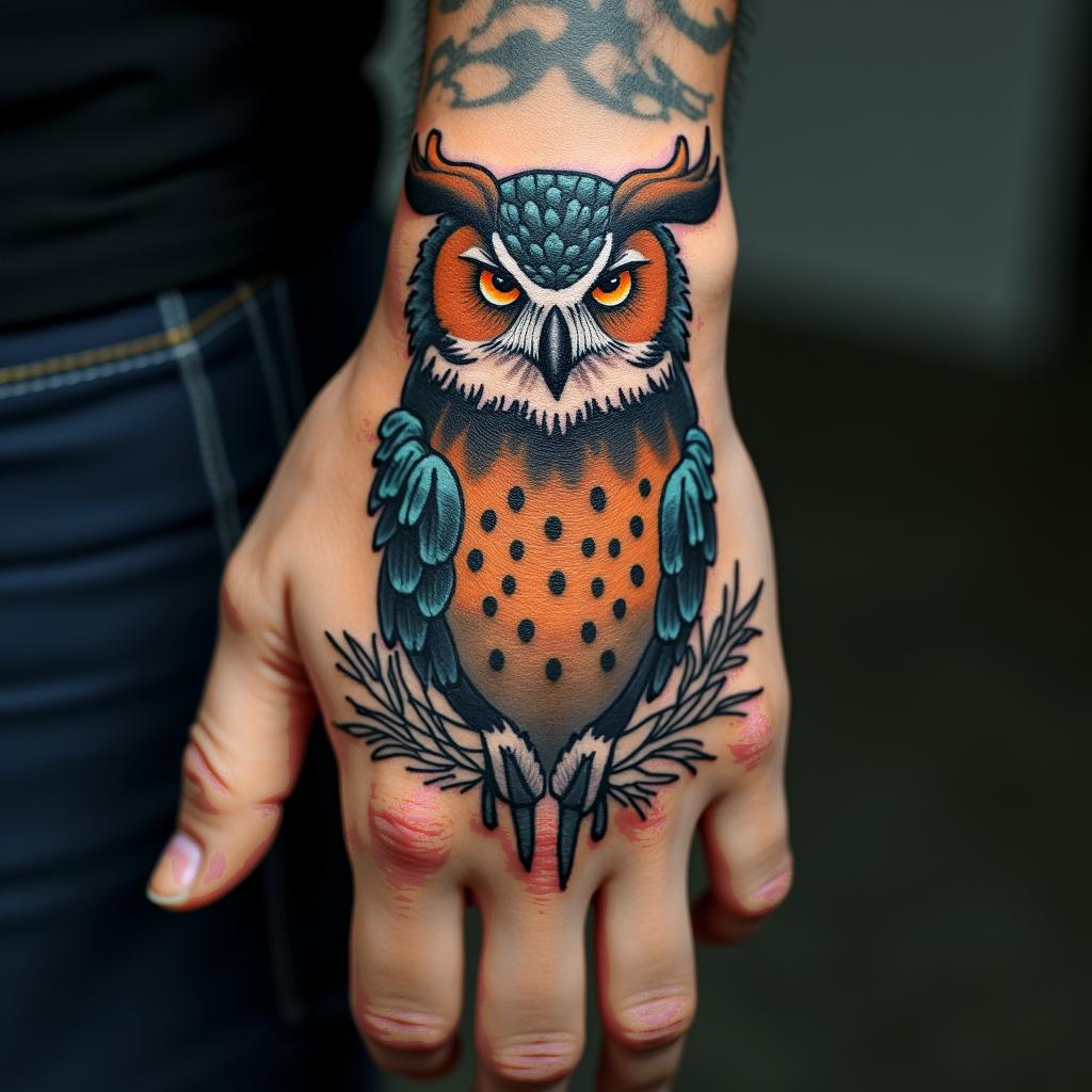 Angry Horned Owlhigly detailed tattoo - Variation 3