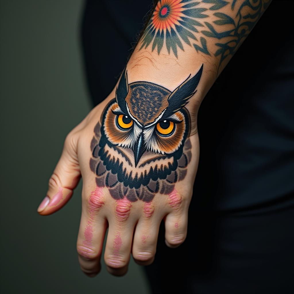 Angry Horned Owlhigly detailed tattoo - Variation 2