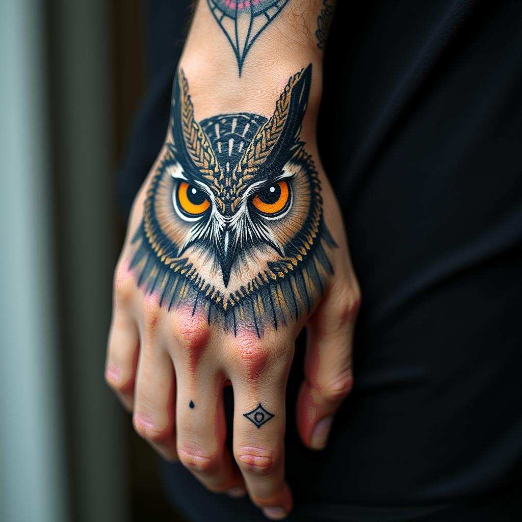 Angry Horned Owlhigly detailed tattoo