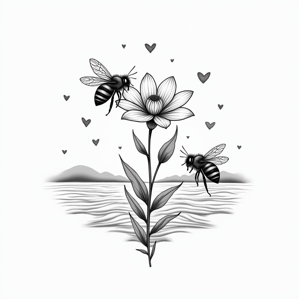 Bees, flower, landscapein Modest style tattoo, featuring soft, delicate line work with simple and meaningful symbols, gentle waves, a heart, evoking a sense of serenity and grace, - Variation 3