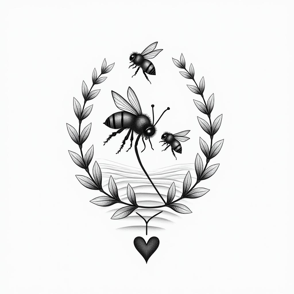 Bees, flower, landscapein Modest style tattoo, featuring soft, delicate line work with simple and meaningful symbols, gentle waves, a heart, evoking a sense of serenity and grace, - Variation 4