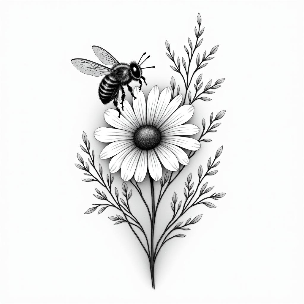 Bees, flower, landscapein Modest style tattoo, featuring soft, delicate line work with simple and meaningful symbols, gentle waves, a heart, evoking a sense of serenity and grace,