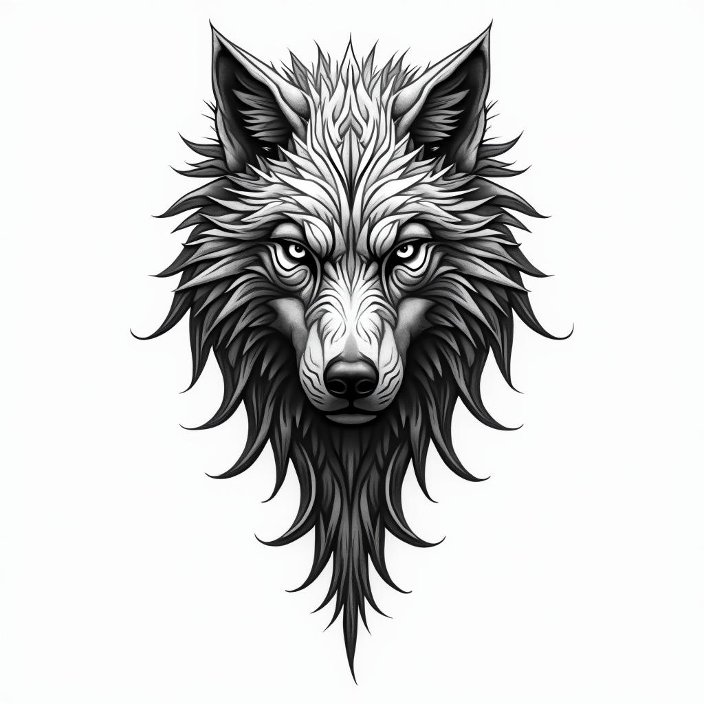 A tribal design that combines a realistic and abstract wolf, symbolizing leadership and perseverance. The wolf is in a majestic posture, with intricate tribal features that enhance its strength and presence.higly detailed tattoo - Variation 8