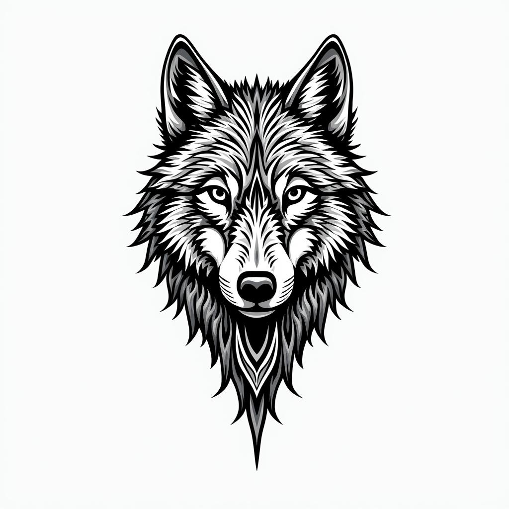 A tribal design that combines a realistic and abstract wolf, symbolizing leadership and perseverance. The wolf is in a majestic posture, with intricate tribal features that enhance its strength and presence.higly detailed tattoo