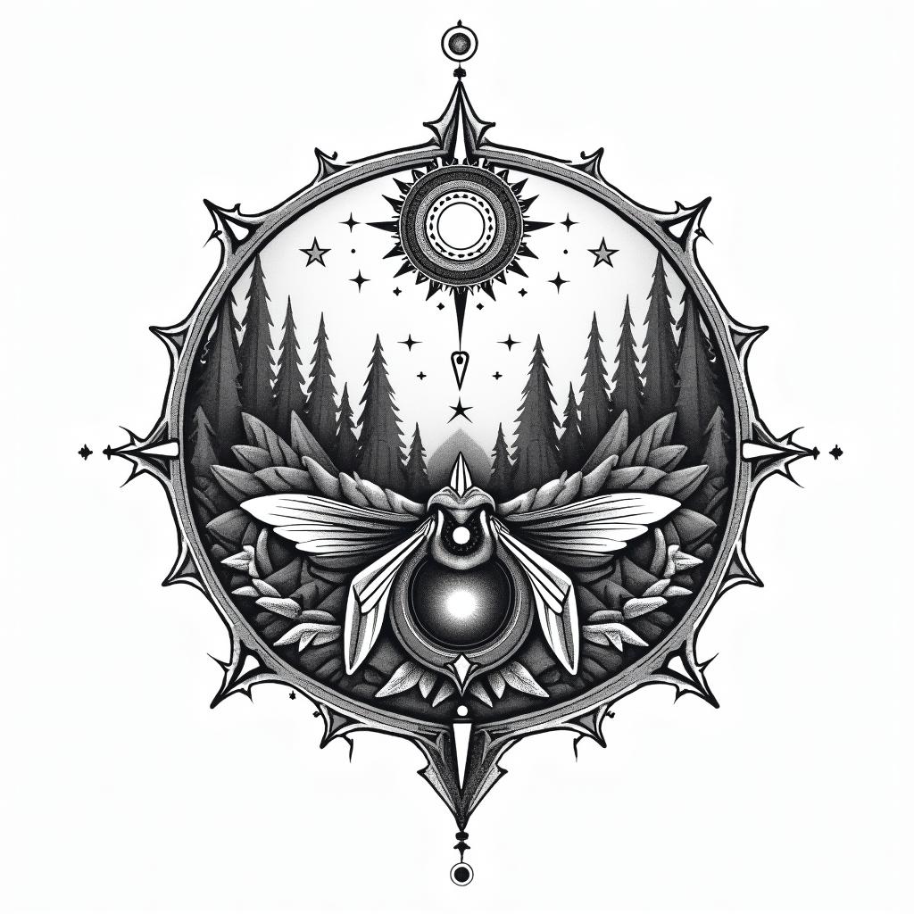 Bees, landscapesin prophecy tattoo style, featuring mystical symbols, celestial imagery like stars, moons, suns, geometric patterns, foretelling elements, an eye of wisdom - Variation 3