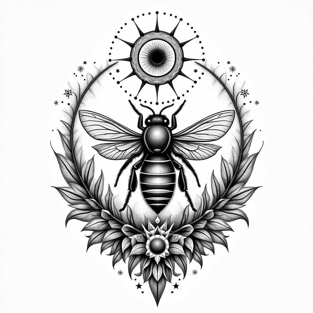 Bees, landscapesin prophecy tattoo style, featuring mystical symbols, celestial imagery like stars, moons, suns, geometric patterns, foretelling elements, an eye of wisdom - Variation 4