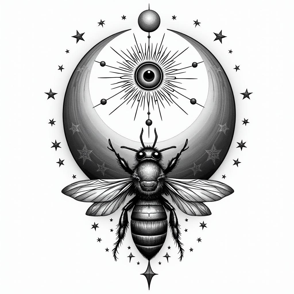 Bees, landscapesin prophecy tattoo style, featuring mystical symbols, celestial imagery like stars, moons, suns, geometric patterns, foretelling elements, an eye of wisdom