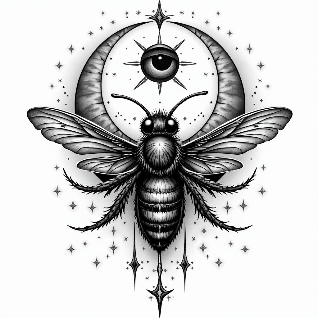 Bees, landscapesin prophecy tattoo style, featuring mystical symbols, celestial imagery like stars, moons, suns, geometric patterns, foretelling elements, an eye of wisdom - Variation 2
