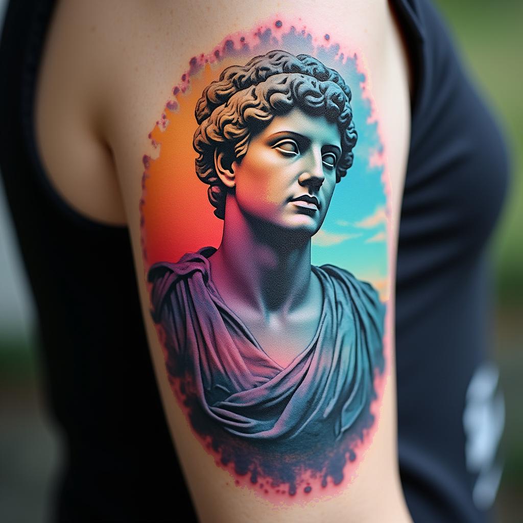 Outdoors hunting and fishing,sunsets and waterin distorted and fragmented tattoo design, featuring a classical statue bust, in a glitch art style with vibrant, overlapping colors of cyan, magenta, and yellow, creating a digital distortion effect - Variation 3