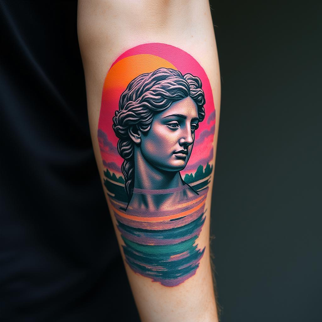 Outdoors hunting and fishing,sunsets and waterin distorted and fragmented tattoo design, featuring a classical statue bust, in a glitch art style with vibrant, overlapping colors of cyan, magenta, and yellow, creating a digital distortion effect - Variation 2