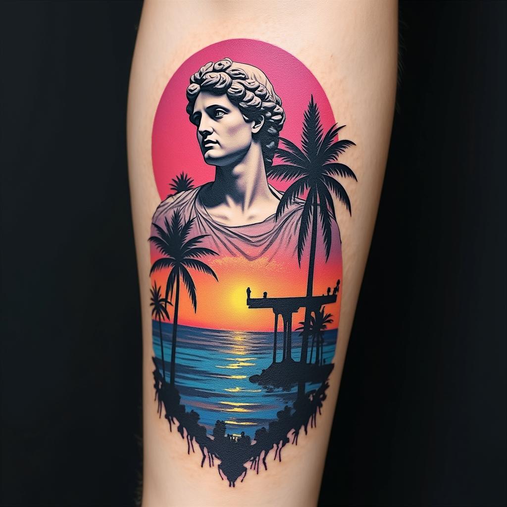 Outdoors hunting and fishing,sunsets and waterin distorted and fragmented tattoo design, featuring a classical statue bust, in a glitch art style with vibrant, overlapping colors of cyan, magenta, and yellow, creating a digital distortion effect