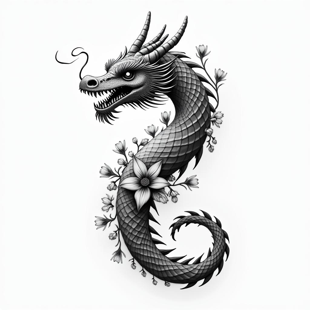 Dragon with flowersin realism tattoo style, featuring a highly detailed, lifelike, capturing every detail, photorealistic, ultra realistic, intricate shading, smooth and sharp,