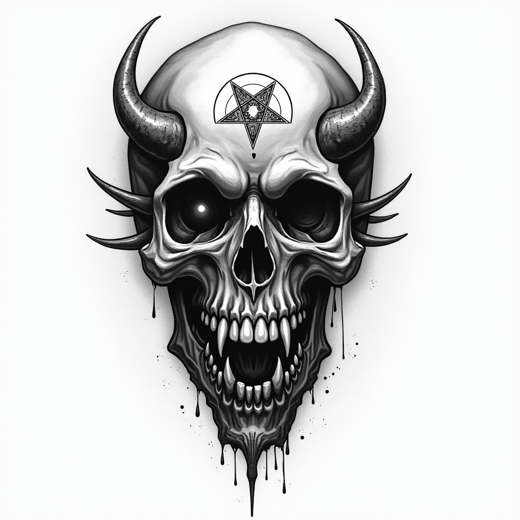 Landscapescreepy horror tattoo style, featuring an eerie and unsettling skull of a demonic creature, distorted face with sharp fangs, add pentagram symbol - Variation 2