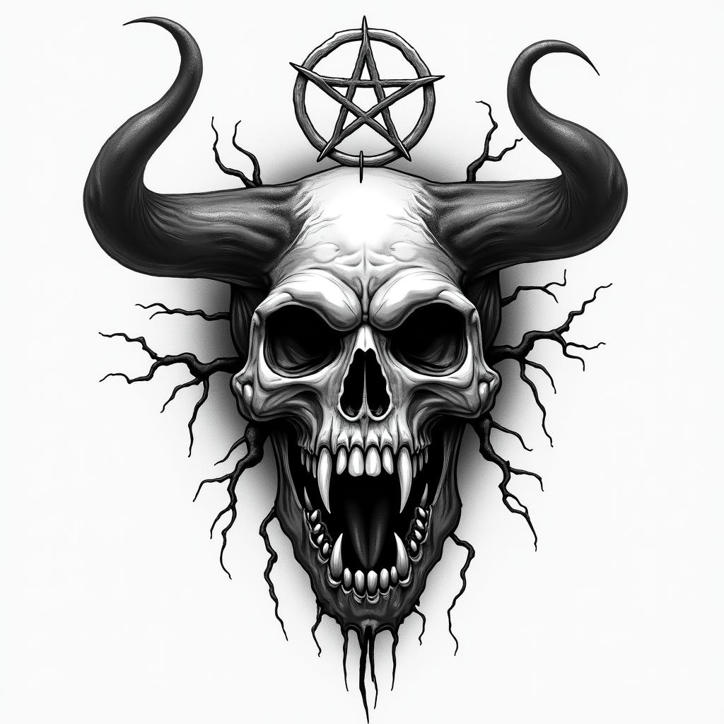 Landscapescreepy horror tattoo style, featuring an eerie and unsettling skull of a demonic creature, distorted face with sharp fangs, add pentagram symbol - Variation 4